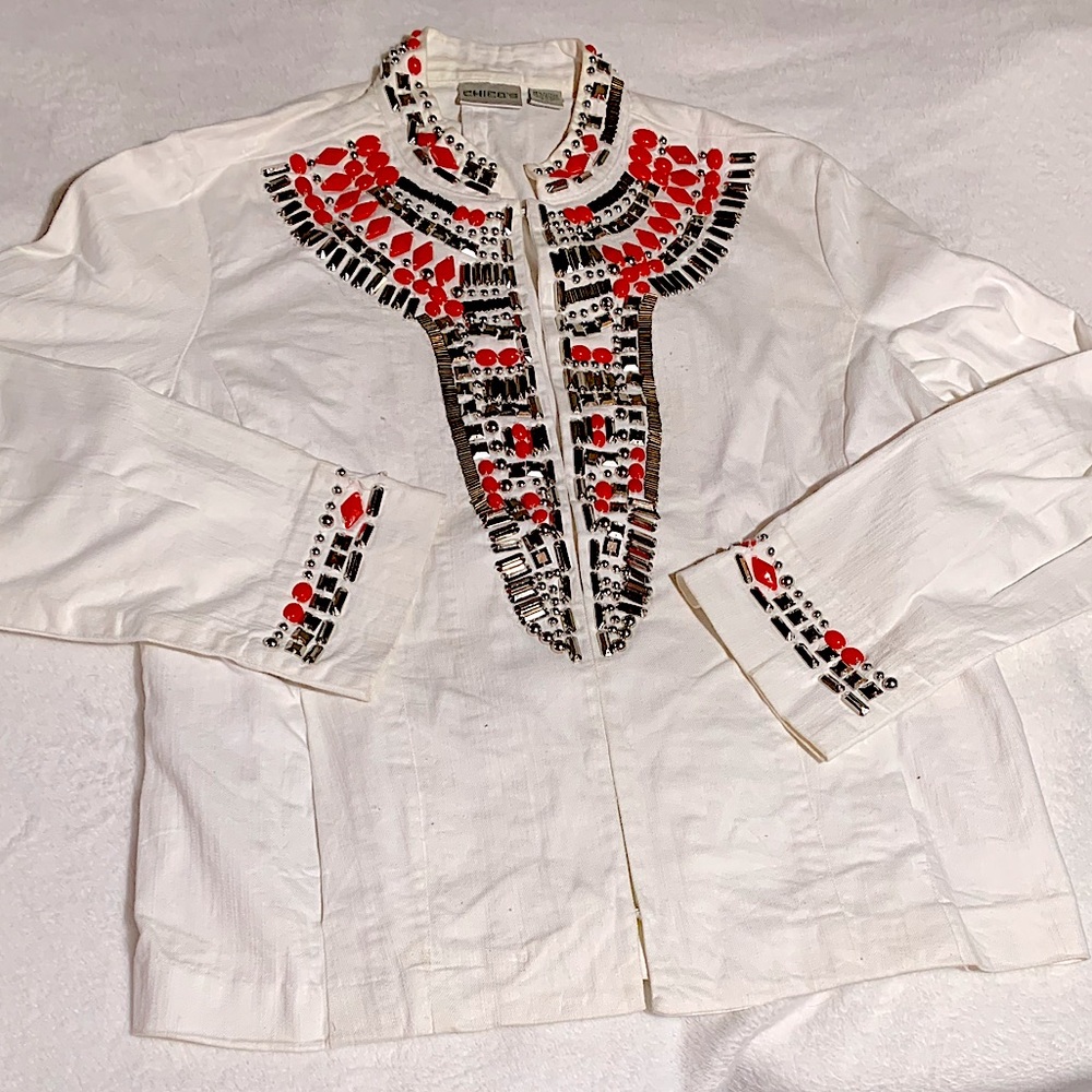 Chico’s Red And Silver Beaded Statement Jacket 2 - image 3